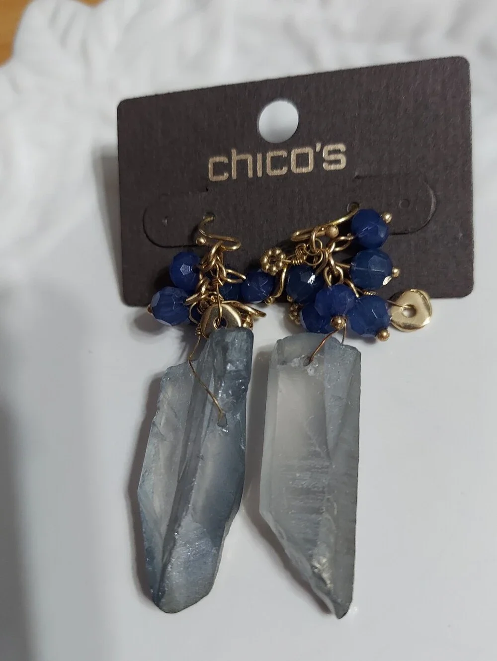 Chico's Gold Tone/'ENYA' Crystal Stone & Faceted Blue Bead Drop Earrings.